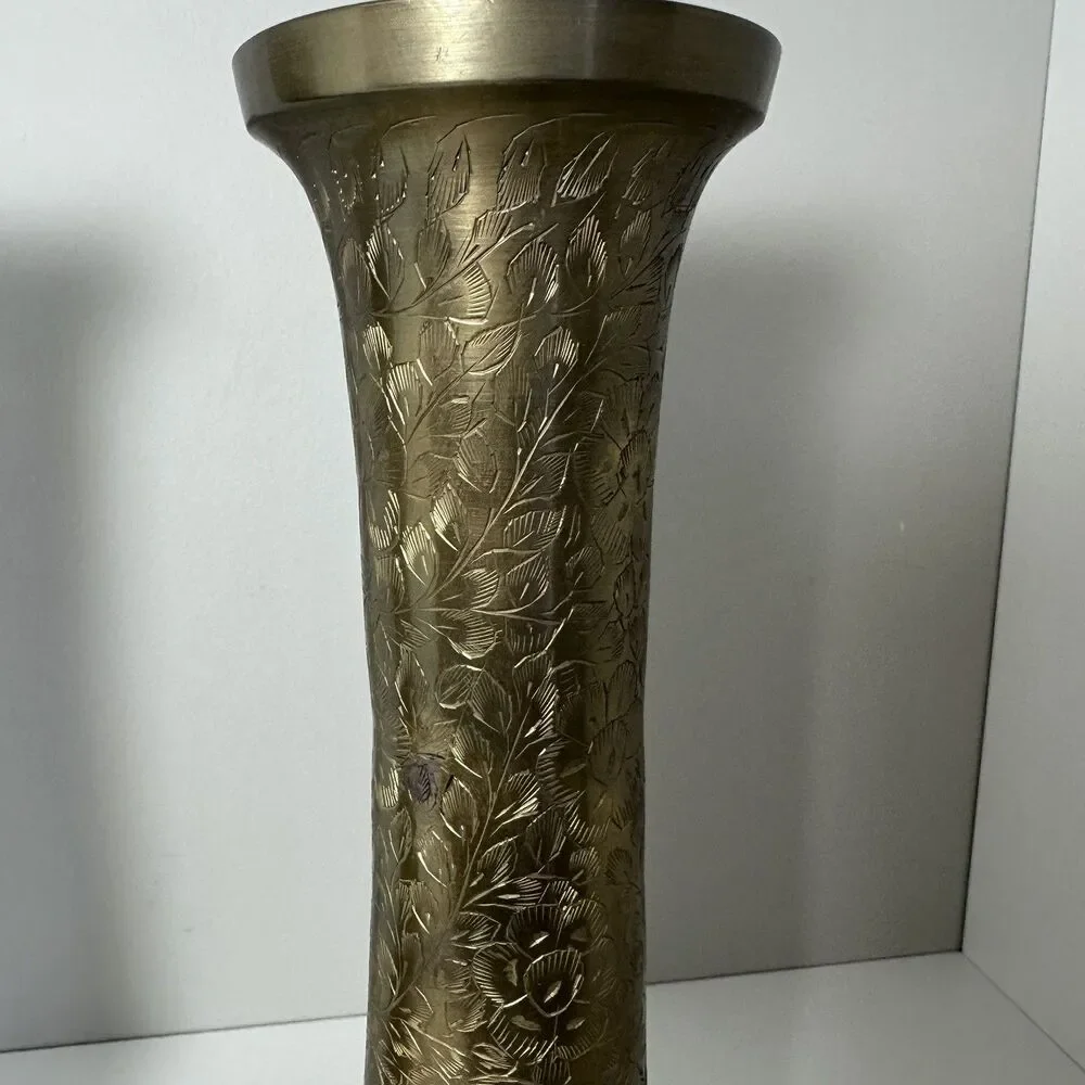 Vintage Pair Etched Brass Vases 11.5” Floral Engraved Made in India Boho Decor